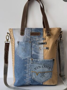 Brand New Upcycled Denim Patchwork Tote Bag Casual Women's Denim & Tan Leather !